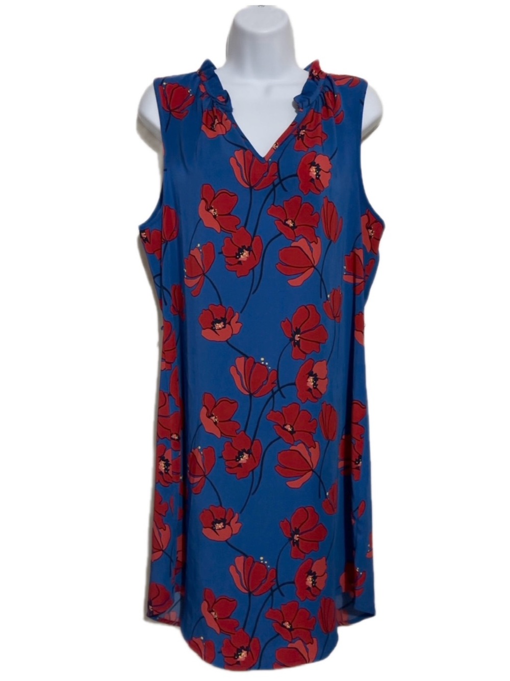 41 Hawthorn Sleeveless Blue Dress with Red Floral Print, Size M